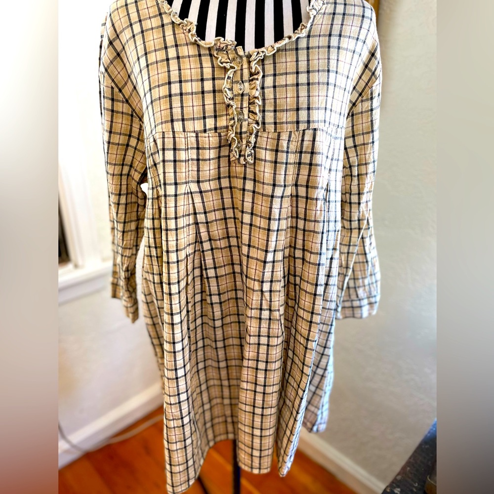 Natural Cotton Plaid Peasant Boho Ruffle Trim Plus 1X Comfort Tunic La Femme